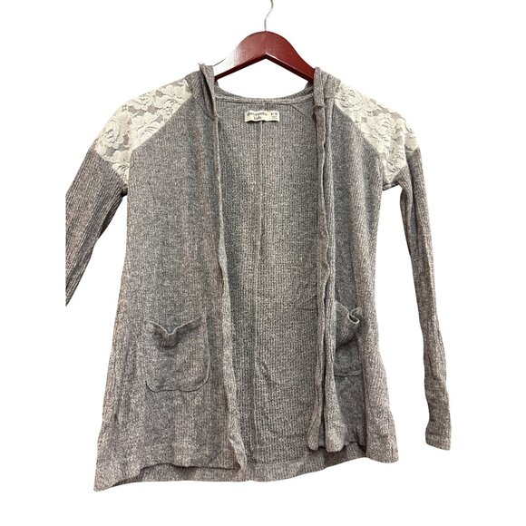 Abercrombie Kids Gray Lace-Trimmed Hooded Cardigan Sweater Size 9/10 - Picture 1 of 8